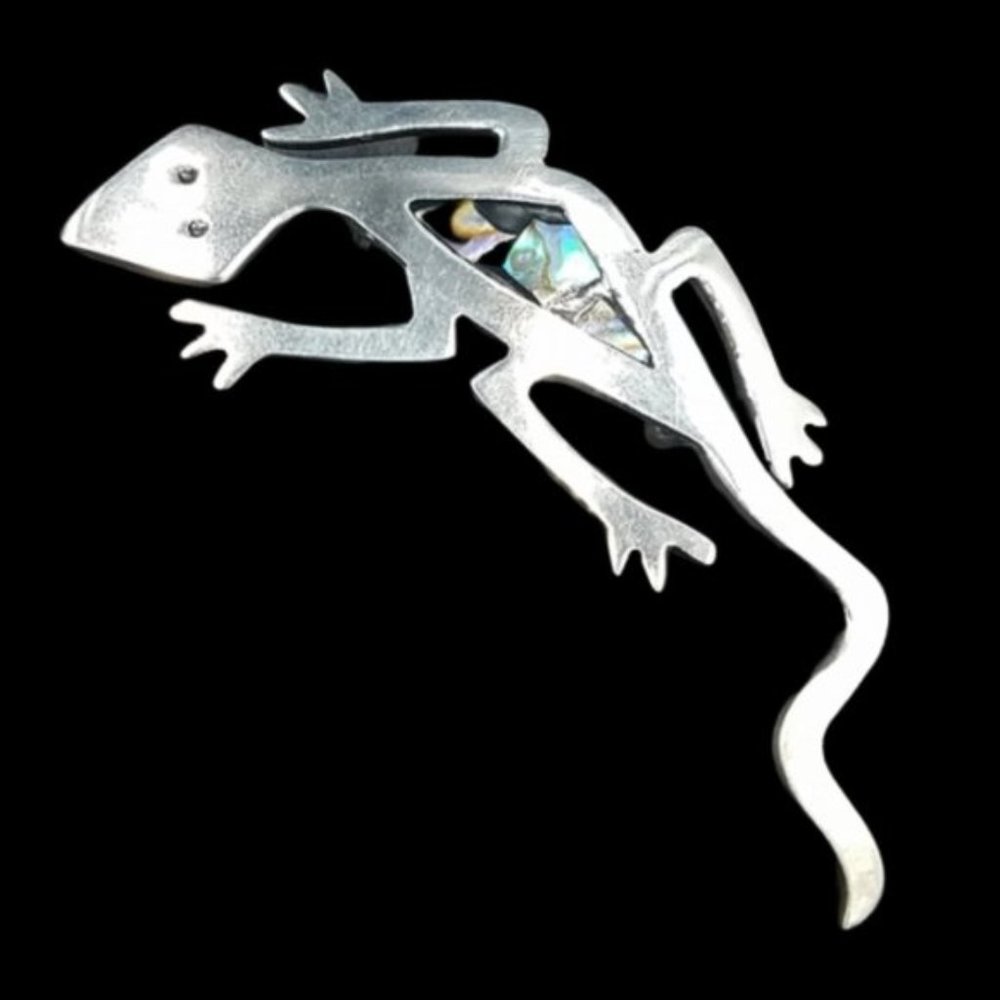 Large Vintage Taxco Sterling Abalone Gecko Lizard Brooch